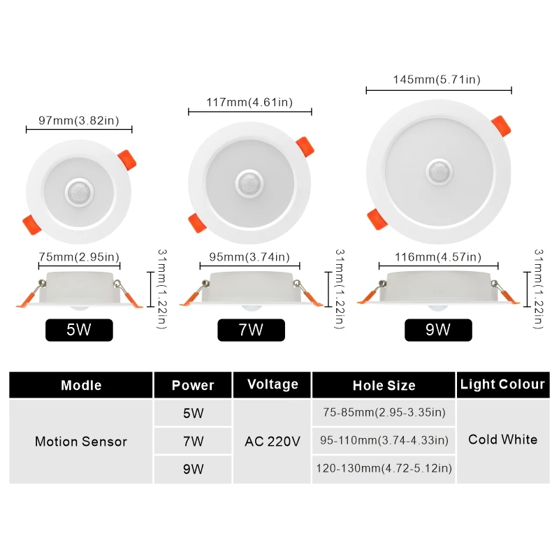 2pcs/lot Led PIR Motion Sensor Downlight 5W 7W 9W 220V Ceiling Light 2.5/3/4 inch Round Led Panel Down Light Spotlight Lighting