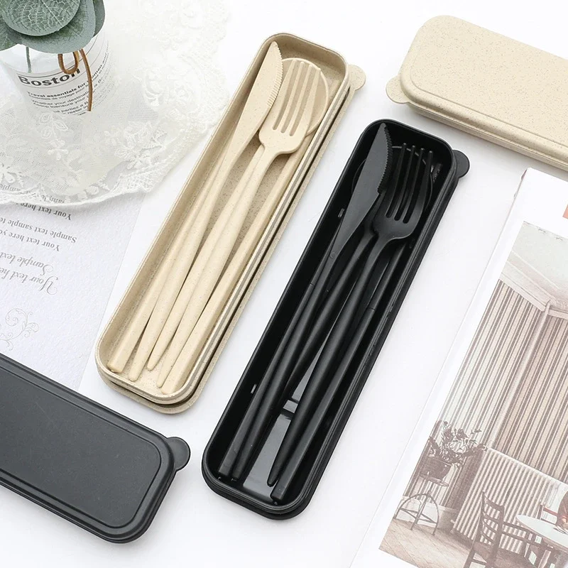 Cutlery Tableware Spoon Fork Chopsticks Safe Wheat Straw Dinnerware Box Portable Travel Use Kitchen Accessories 4PCS/Set Cutlery Set Western Style Cutlery Set Picnic Cutlery Set Picnic Tableware Camping Cutlery Set