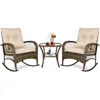 MAXPRIME 3 Pieces Outdoor Wicker Bistro Set, Rattan Outdoor Rocking Chairs Set of 2 with Cushions & Glass-Top Coffee Table,Patio 1