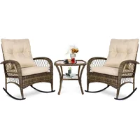 MAXPRIME 3 Pieces Outdoor Wicker Bistro Set, Rattan Outdoor Rocking Chairs Set of 2 with Cushions & Glass-Top Coffee Table,Patio 1