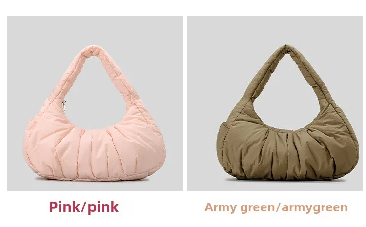Shoulder Bag Women Padded Crescent Quilted Lightweight Nylon Handbag_voghion.com