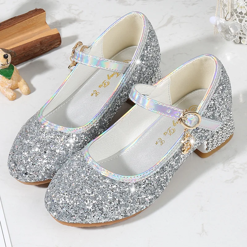 

Princess Kids Leather Shoes Girls Flower Casual Glitter Rhinestone Crystal Heel Children High Heel Party Dance Performance Shoes