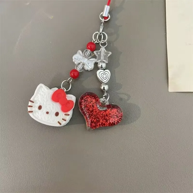 iigen Sanrio Kawaii 헬로 키티 폰 체인 끈 아이폰용 빛나는 레드 러브 하트 폰 스트랩 소녀 가방 교수형 로프 쥬얼리