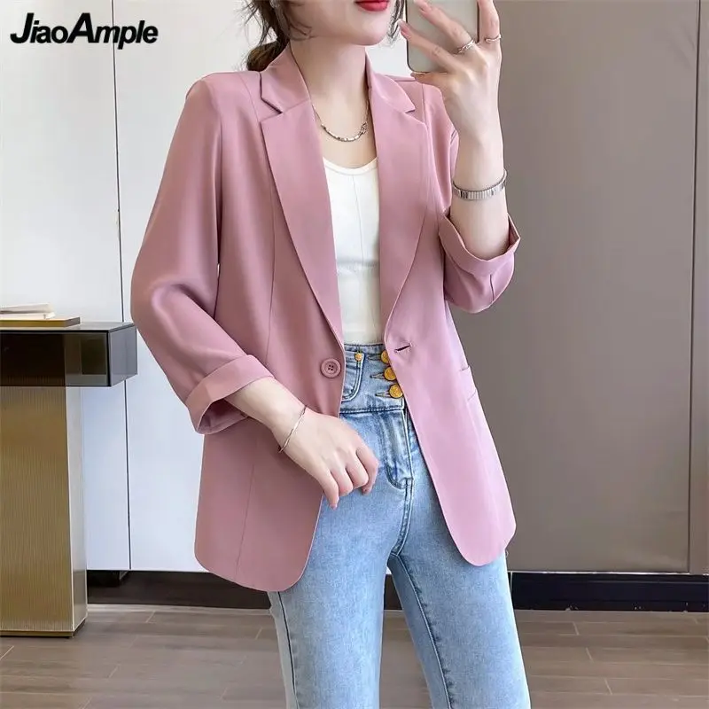 

Korean Office Lady Summer Thin Blazers 2023 New Women Basic Joker Solid Color Chiffon Suit Jackets Bussinesswear Coats Female