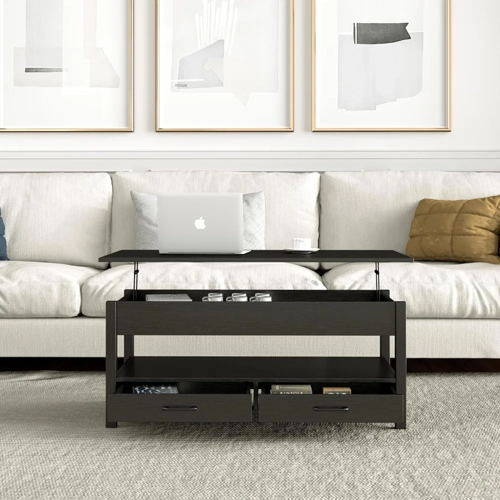 Coffee Table,Lift Top Coffee Table with Hidden Compartment,2 Drawers and 1 Open Shelf, Retro Central Wooden Table Lift Tabletop 4
