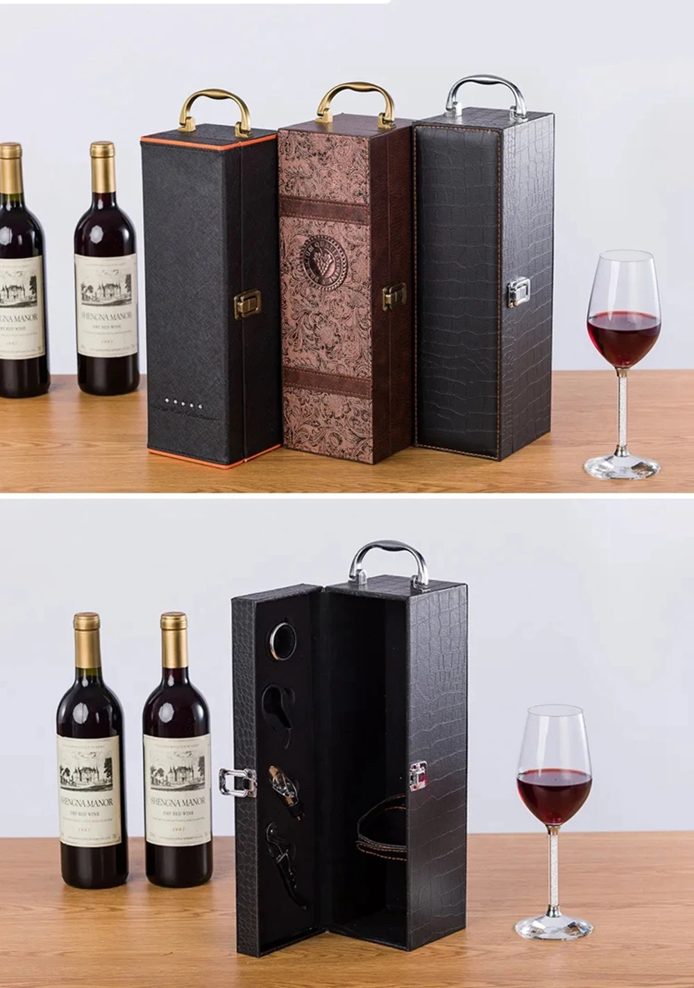 Single Wine Bottle Gift Box with Accessories Set – PU Leather Portable Carrying Case wi... - SKU SWBB2104 - UGI Packaging