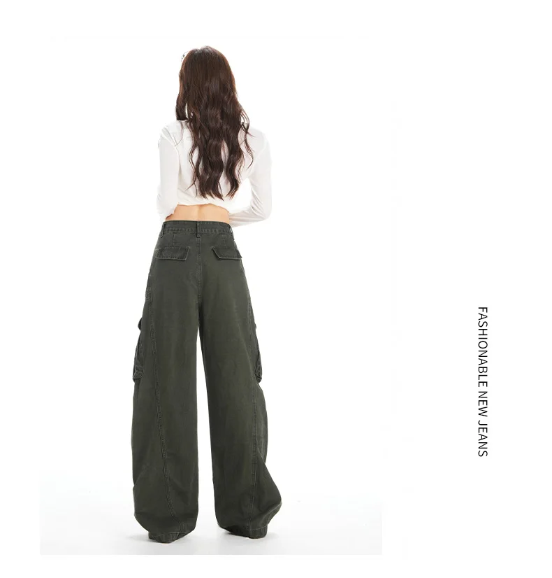 Retro Casual High Waisted Baggy Cargo Jeans Women Washed Distressed Wide Leg Pants Brown Denim Y2K Streetwear Vintage Trousers