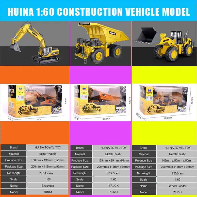 HUINA 1:60 Dump Truck Excavator Road Roller Loader Metal Model Construction Vehicle Toys for Boys Birthday Gift Car Collection