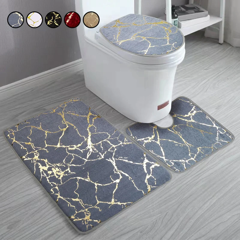 3pcs Marble Pattern Bathroom Rug Set, Crackle Golden Texture Non-Slip Bathroom Rug, Toilet U-Shape Mat, Toilet Lid Cover Pad