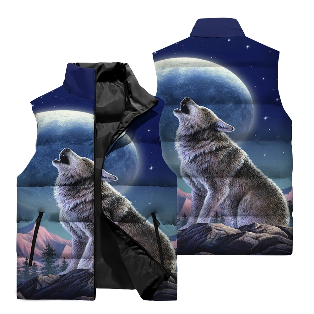 thumbnail image 1 of Chaqueta sin mangas con cremallera y bolsillo con cuello alto de nuevo estilo, con estampado de lobo en 3D, para deportes al aire libre, viajes, correr, chaleco cálido resistente al viento, 1 of 5