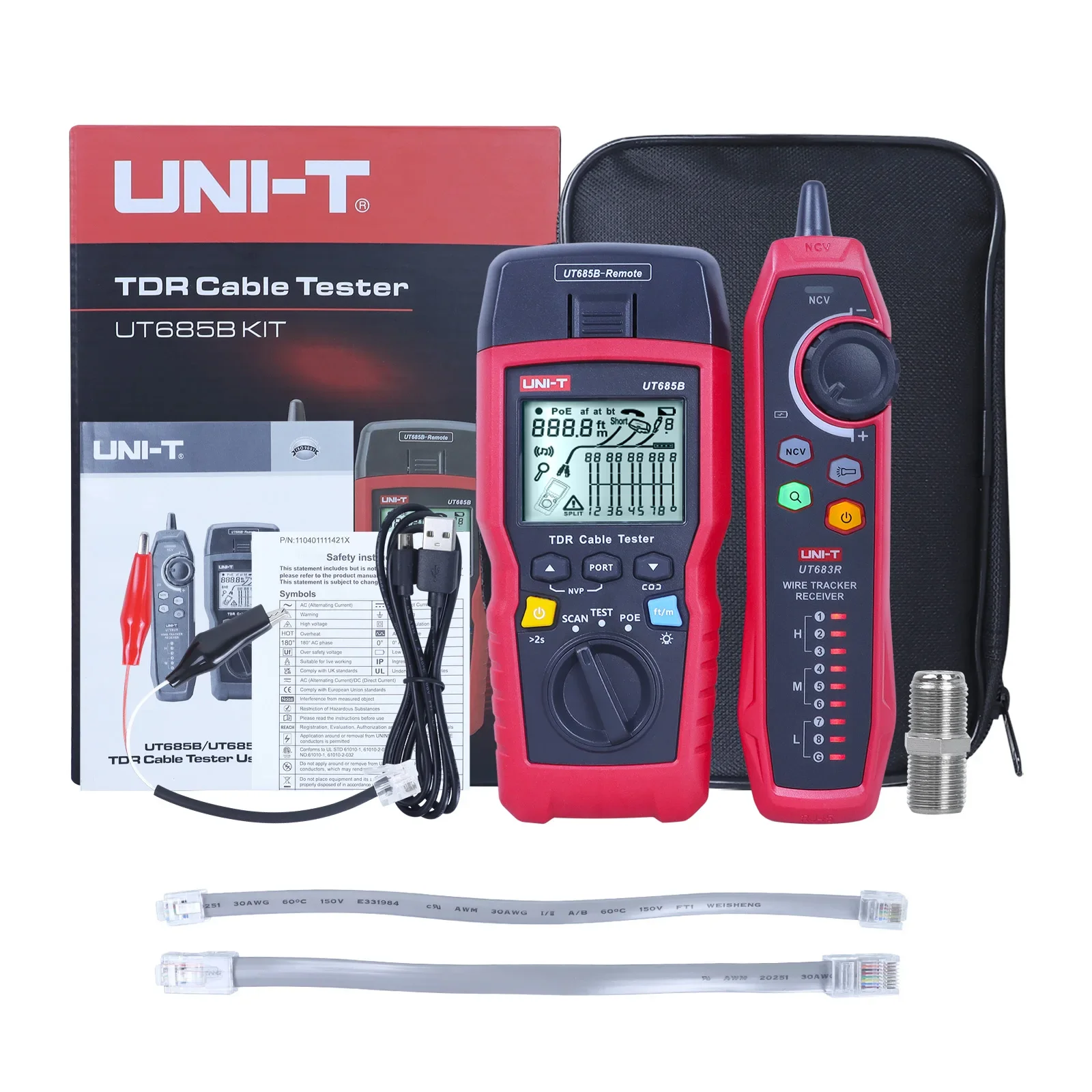 UNI T UT685B KIT Handheld TDR Cable Tester 2.8 Inch LCD POE Network Cable Length Sequence Detector RJ45 RJ11 Plug Adapter