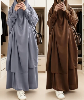 Eid Women Long Khimar 2 Piece Set Prayer Garment Djellaba  Abaya Muslim Ramadan Gown Dubai Arab Islamic Niqab Burka Jubah Jilbab