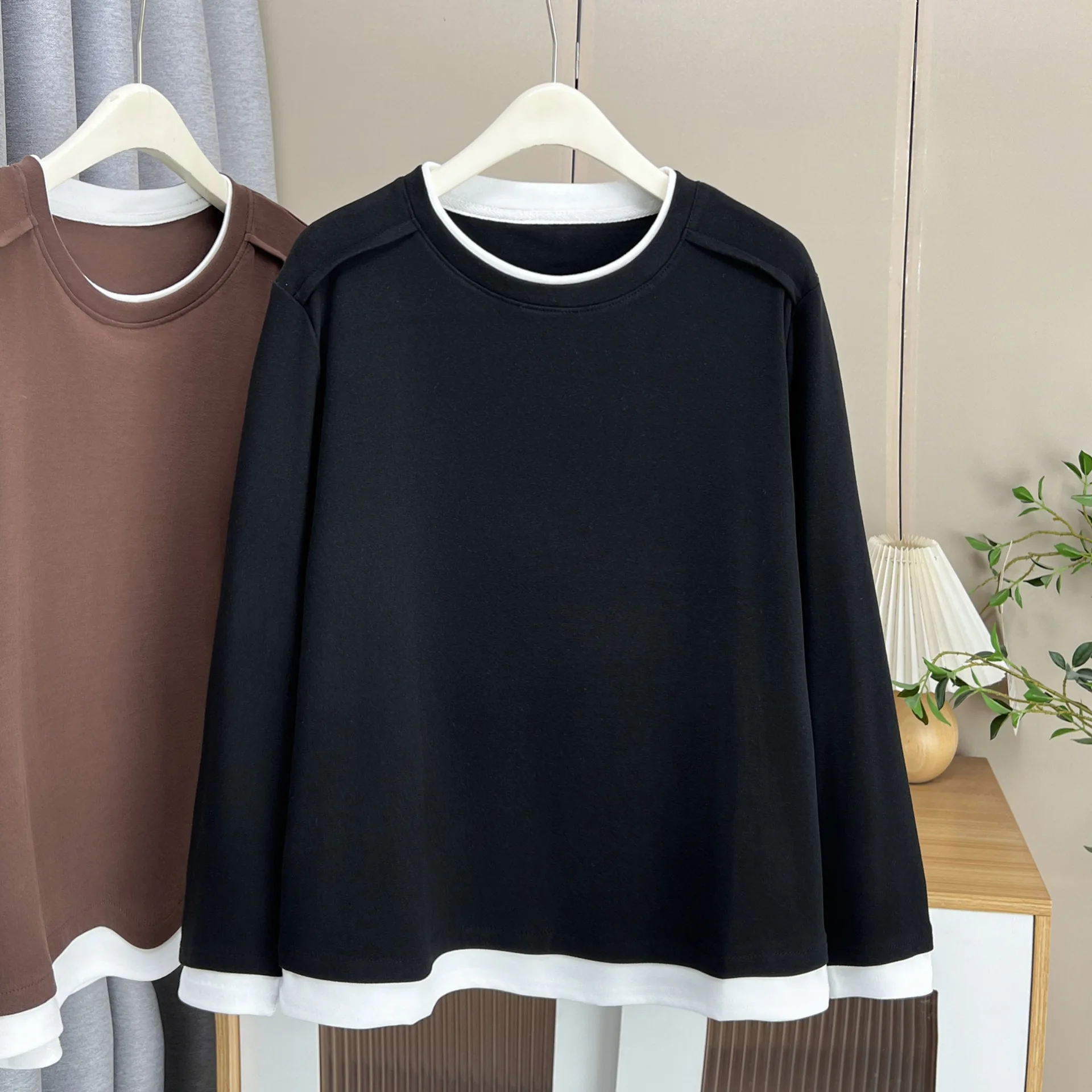 XXXXL Fashion Plus Size Women's T-Shirt Simple Block Color Long Sleeved DE Velvet Warm Base Tops For Autumn And Winter 2435
