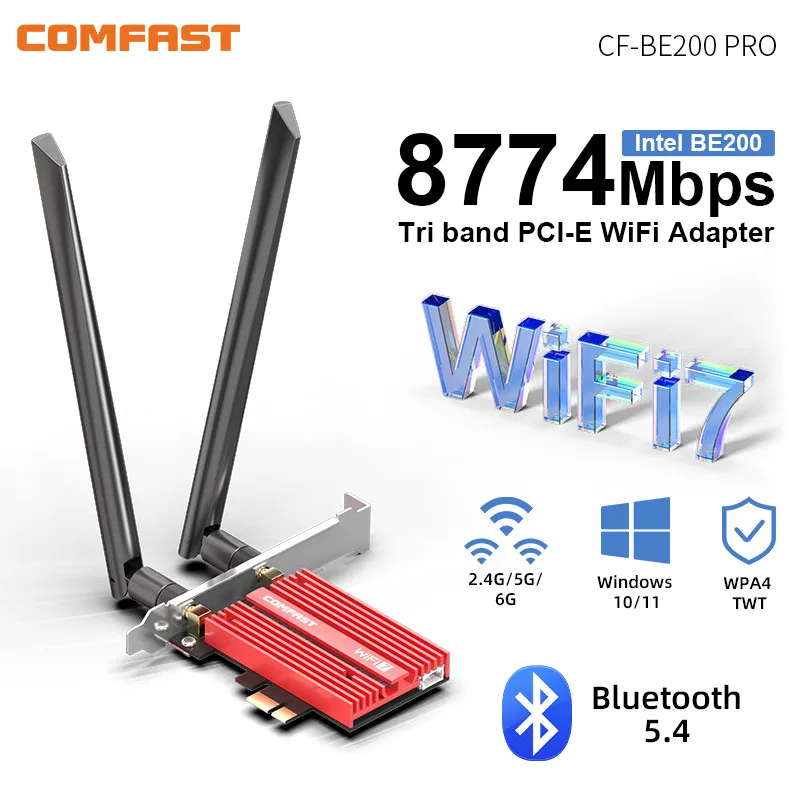 Cartão Wifi Pcie com Antena Be200ngw Wifi7 8774mbps Alta Velocidade Bluetooth 5.4 5dbi Desktop Windows 10 11 Linux