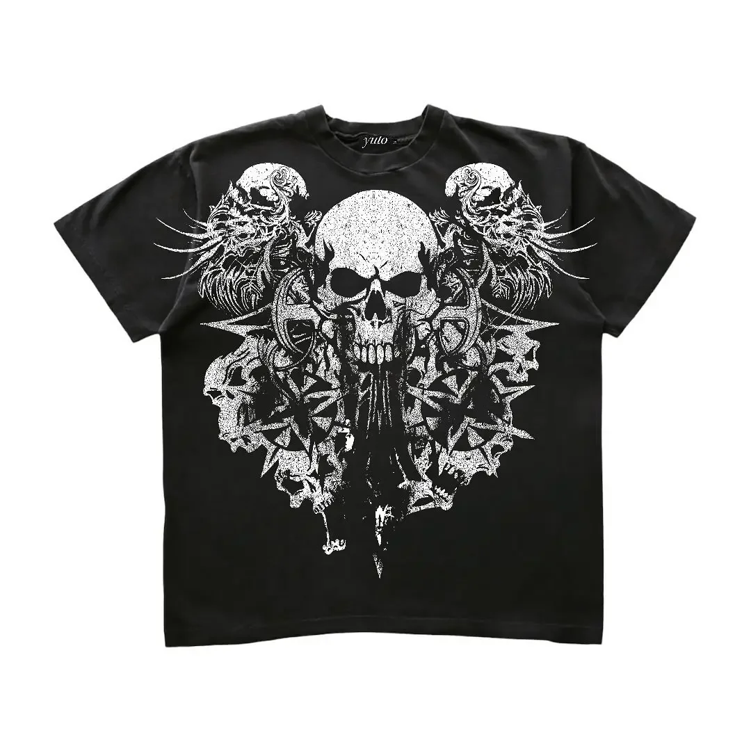 

Y2K Style Goth Skull Oversized Printed T-shirt Men's Millennium Trend Culture Pure Cotton Loose Short-sleeved Unisex Sweatshirt
