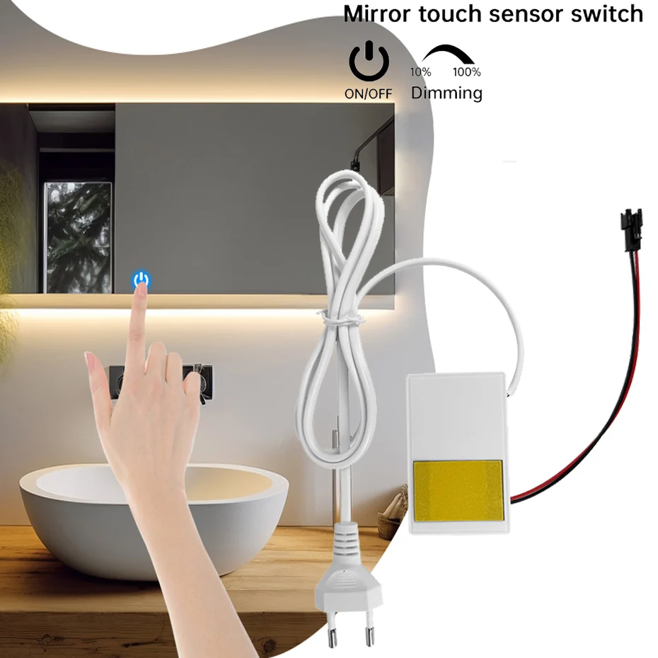 สวิตช์เซ็นเซอร์สัมผัสสำหรับกระจกห้องน้ำ AC110-220V เป็น DC12V 1A พร้อมระบบควบคุมการหรี่แสงแบบไม่จำกัด สำหรับไฟตกแต่งกระจกแต่งหน้า 1