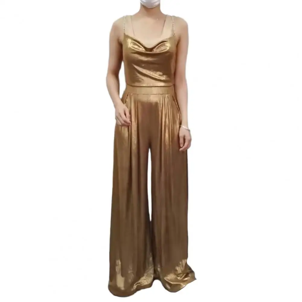 V-neck Jumpsuit Elegant Pearl V Neck Jumpsuit for Women Wide Leg Solid Color High Waist Party Prom Jumpsuit V-neck Sleeveless