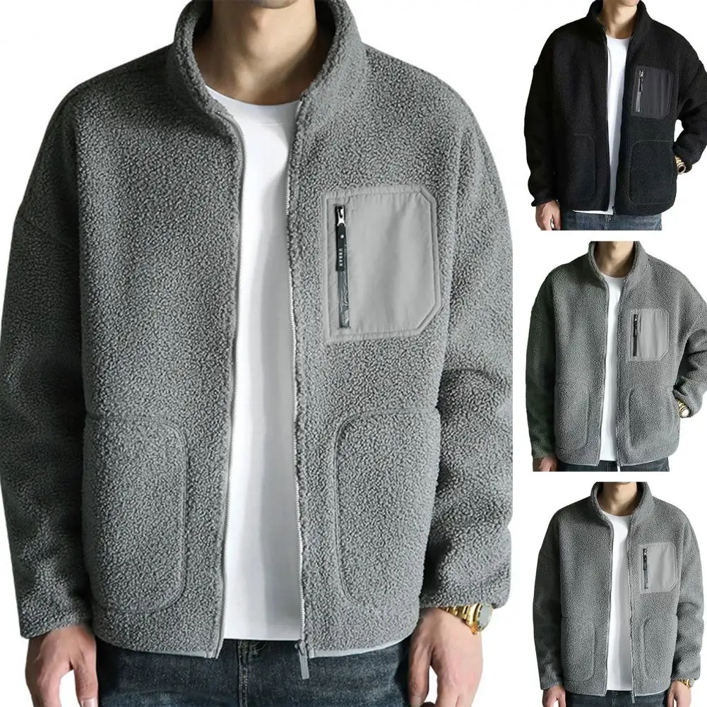 

Winter Fleece Jacket Solid Color Sherpa Casual Coat Thick Warm Stand Collar Zip Up Outdoor Windbreak Jacket soft Comfortable