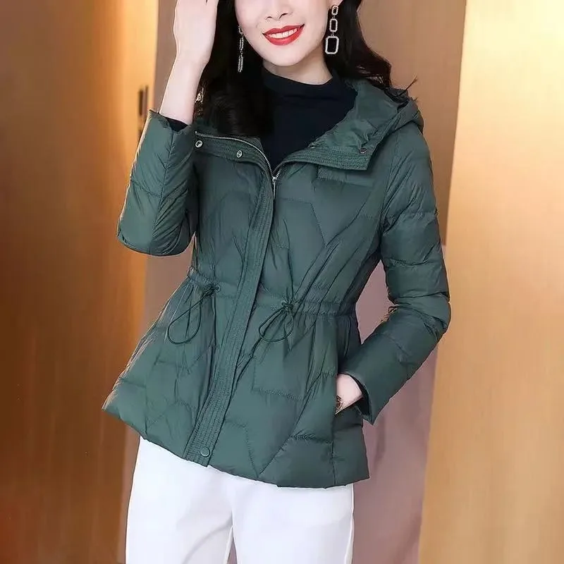2023 New Women Winter Padded Female Plush Thicken Waist Parkas Loose Hooded Outwear Short-Length Lace Up Decoration Overcoat