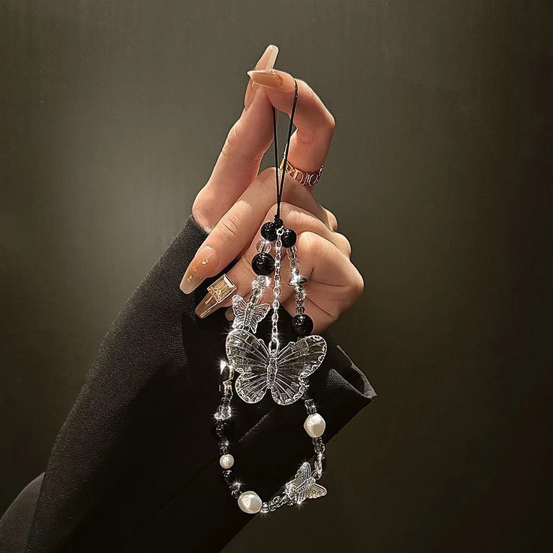 에어팟 커버용 나비 투명 구슬 휴대폰 스트랩, 매력 체인 매듭, 휴대폰 랜야드 키체인 가방, 카메라 나비 매듭 펜던트, Y2K