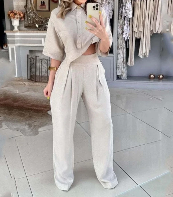 Set Woman 2 Pieces Elegant 2024 Lady Commuting Solid Color Fashionable Lapel Irregular Top and Casual High Waisted Pants Set luxury women suits 3 pieces one button formal blazer pants vest feather bead peaked lapel plus size tailored mother of the bride