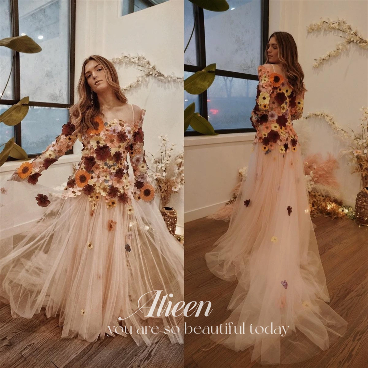 

Aileen Long Dresses for Women Evening Dress 3D Flowers Cocktail Mesh Elegant and Pretty Women's Dresses for Special Events Prom
