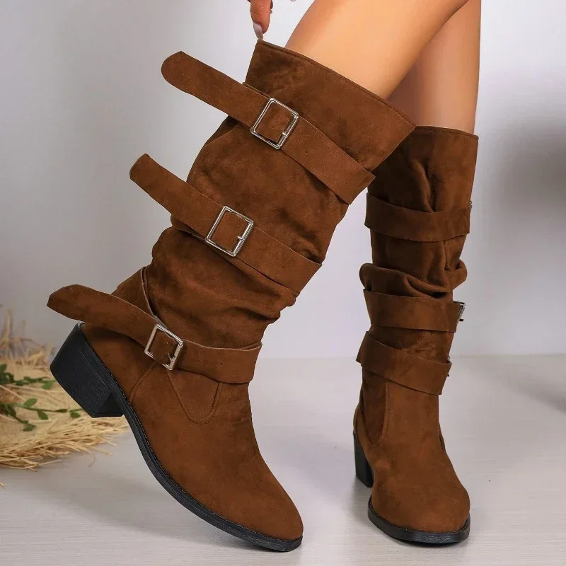 

Женские замшевые ботинки в стиле ретро, дизайнерские удобные ботинки на платформе и низком каблуке, с пряжкой с язычком, большие размеры, 2023