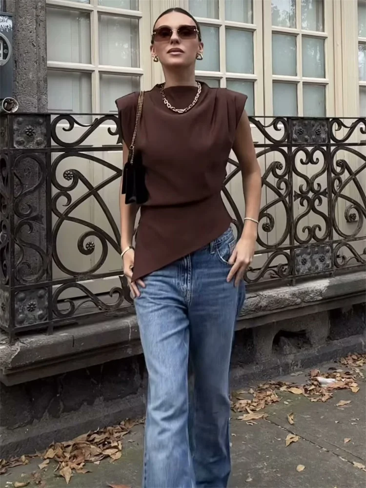 Spring Female Casual T-shirt Top Sleeveless Slim High Waist Cropped Solid Streetwear Y2k Top Women's Patchwork Tee 2025