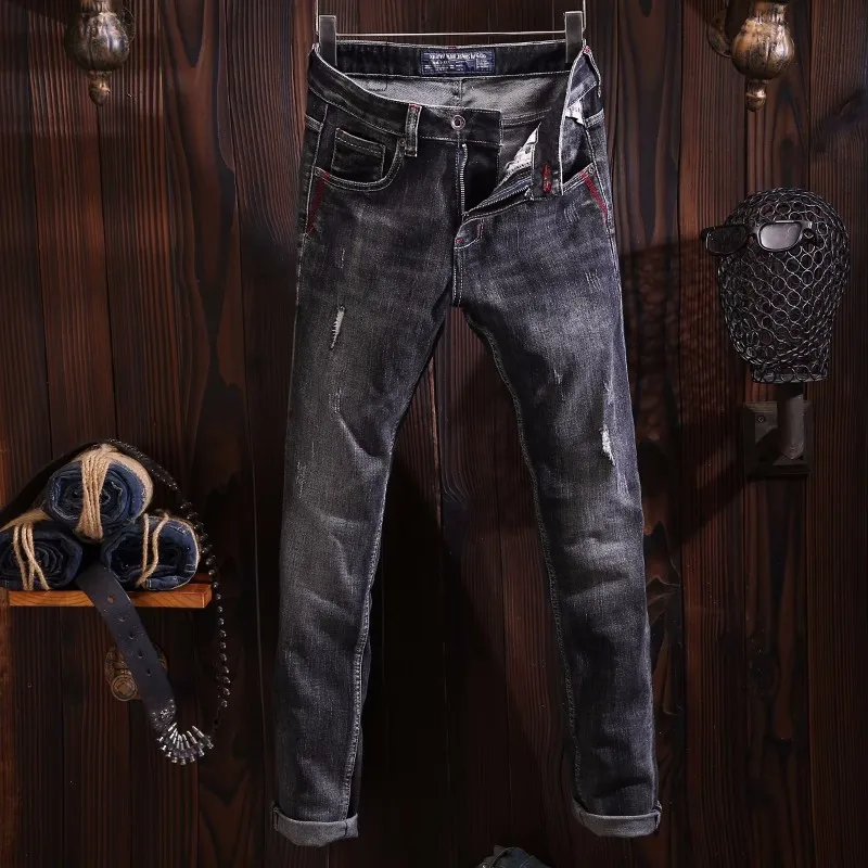 Fashion Designer Men Jeans Retro Black Gray Elastic Slim Ripped Jeans Men Trousers Italian Vintage Designer Denim Pants Hombre