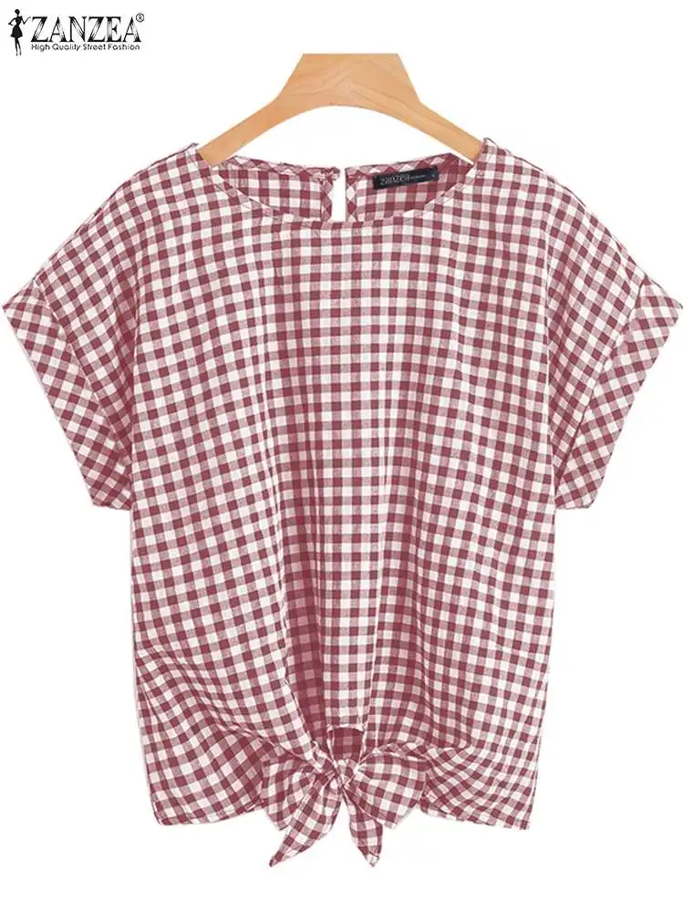 

Блузка ZANZEA в клетку с коротким рукавом, 2024, весна-лето, блузка с круглым вырезом и бантом на подоле, повседневные Модные женские топы, свободные рубашки