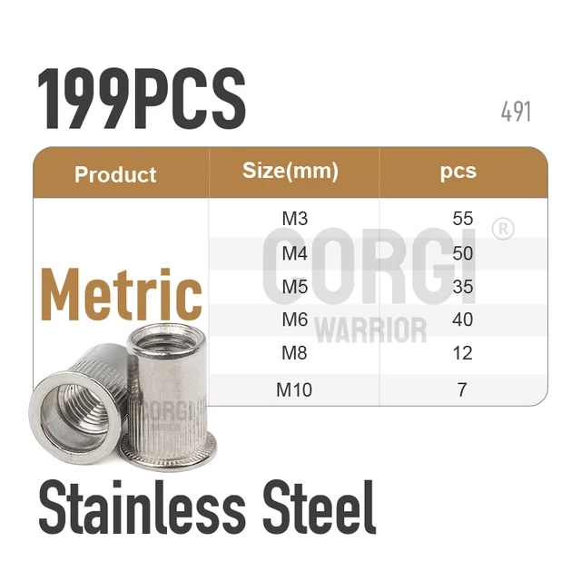 Dadi A Testa Piatta Set 160 Rivetti Filettati - Per Legno, Metallo E Mobili, M4 M5 M6 M8 M10 Inserti Filettati - Foto 7