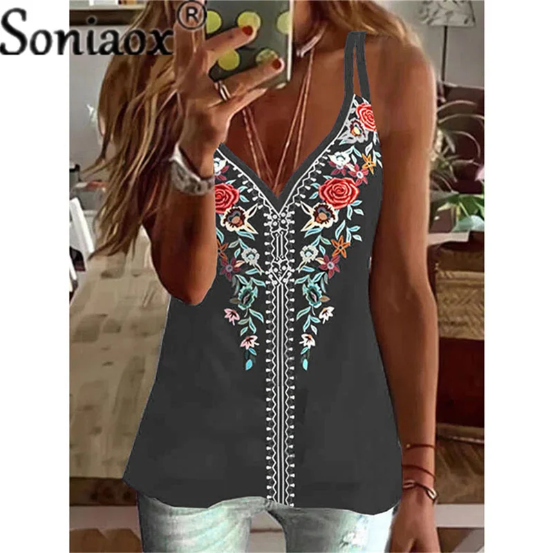 womens cami Sexy Suspenders V Neck Patchwork Blouse Tank Tops Summer Women Sleeveless Loose Casual Ethnic Style Print Vest T-Shirt Plus Size womens cami