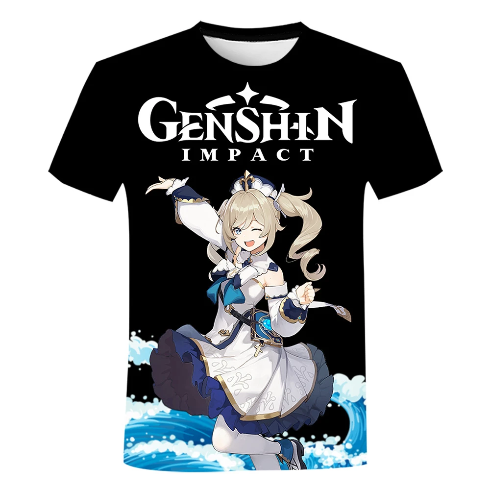 

Простые рубашки Genxin impact с 3D-принтом, о-образным вырезом и мультяшными персонажами для мужчин и женщин в Европе и