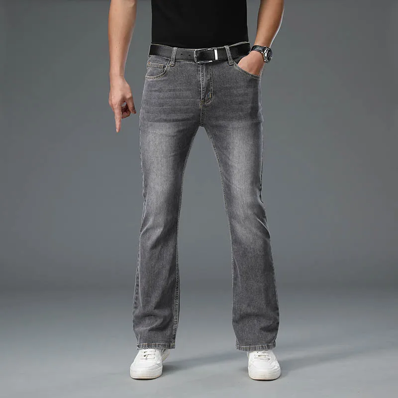 

Summer Thin Jeans For Men England Style Big Flared Jeans Boot Cut Leg Distressed Five Pockets Designer Classic Denim Pants Gray