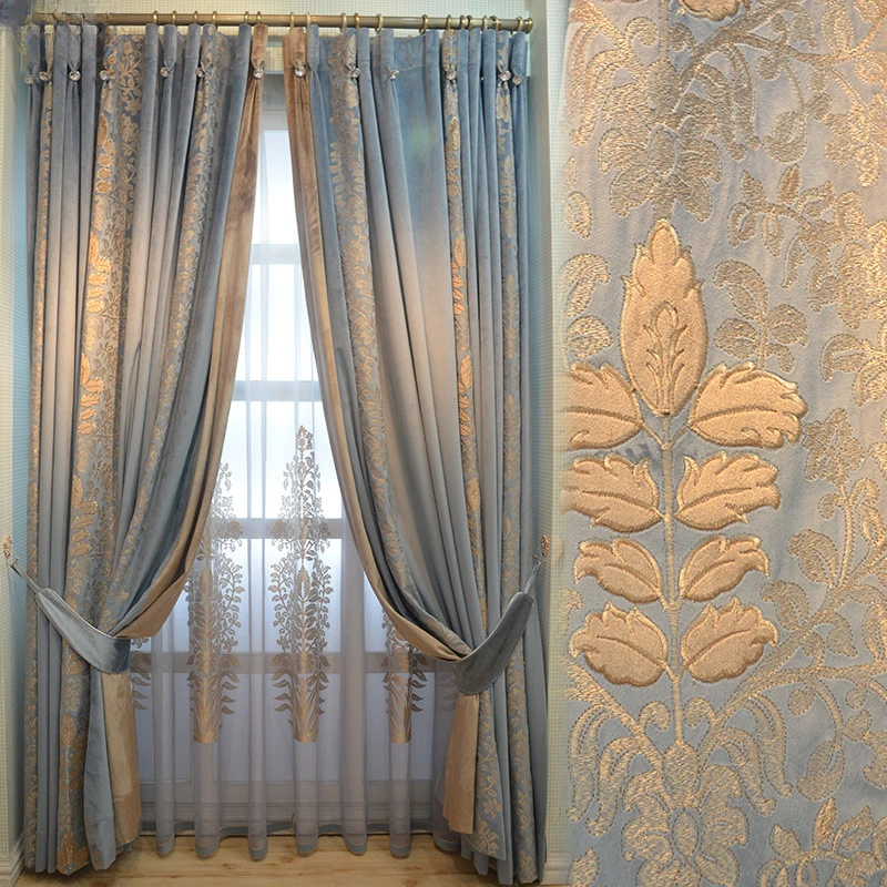 

European-style Living Room Bedroom Luxury Decorative Curtain High-grade Opaque Tulle Curtains Embroidery Blue Velvet Screen