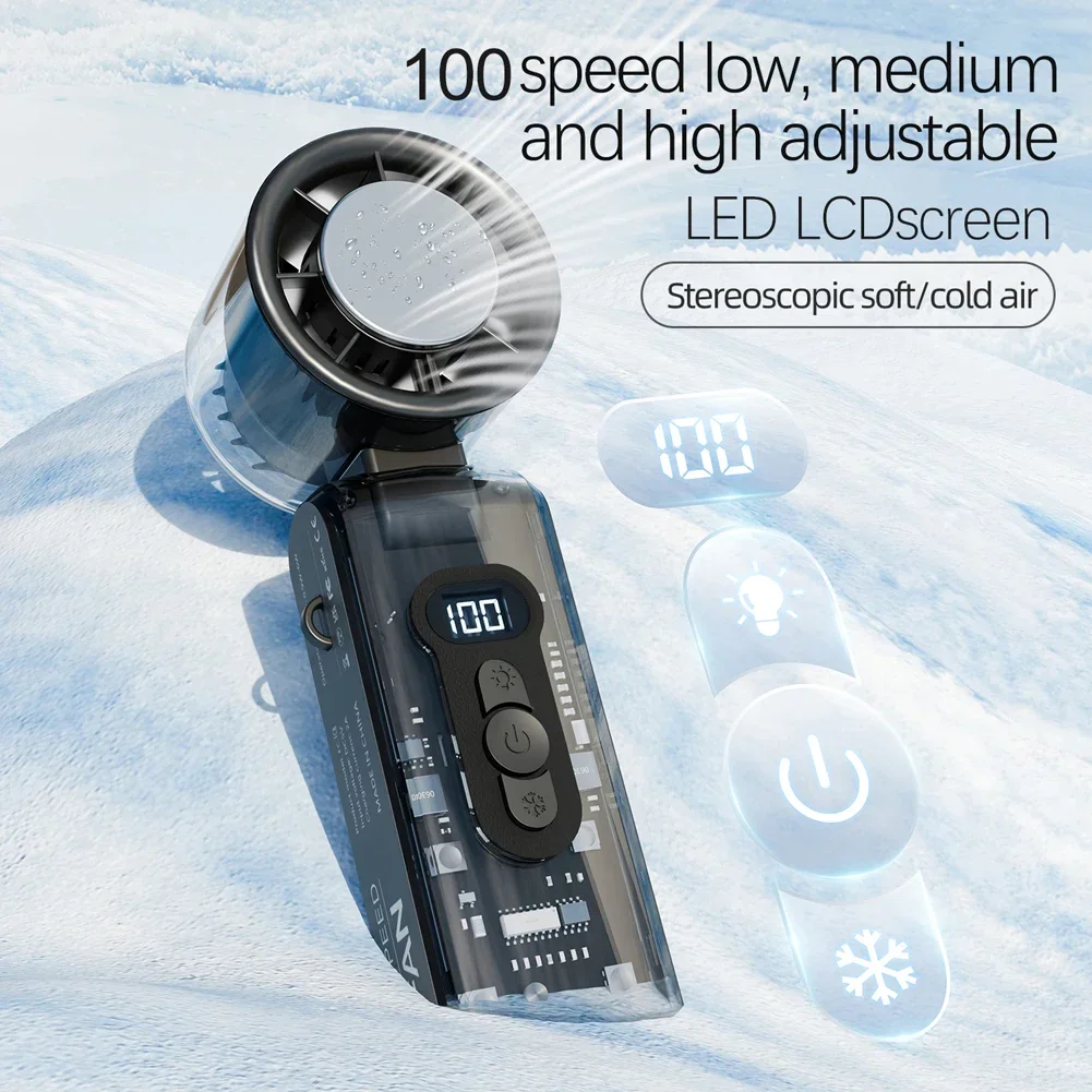 High Speed Folding Refrigeration Fan, Digital Display Mini Portable USB Charging Fan, 100-Speed Turbo Cooling Wind Handheld fan