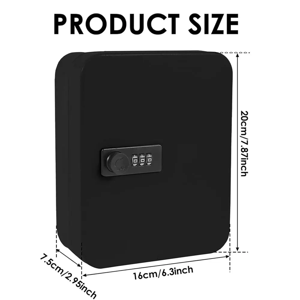 Sleek Black Wall-Mounted Key Cabinet with 3-Digit Combination Lock and 20 Hook Capacity