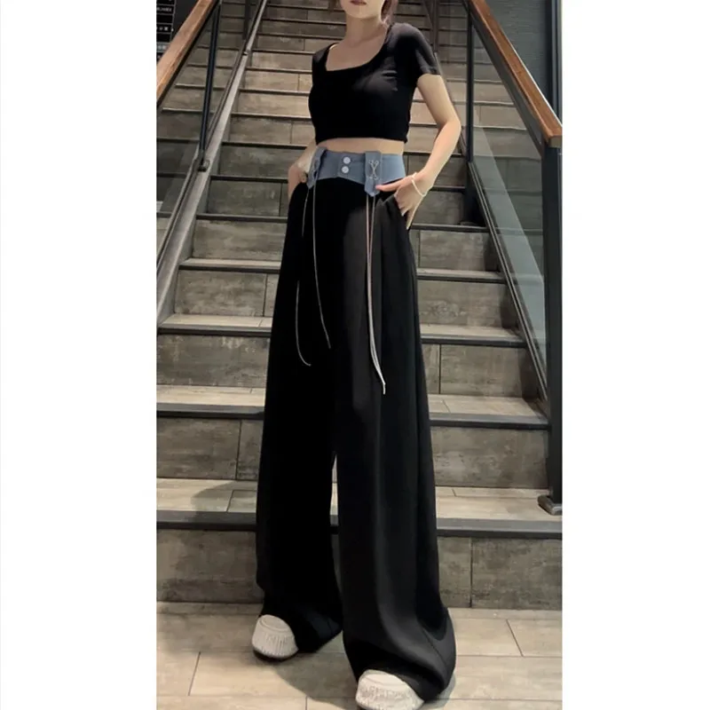 2023 Summer New Wide Legged Pants Women's Denim Spliced Lace up Chain High Waist Draping Floor Dragging Straight Leg Pants