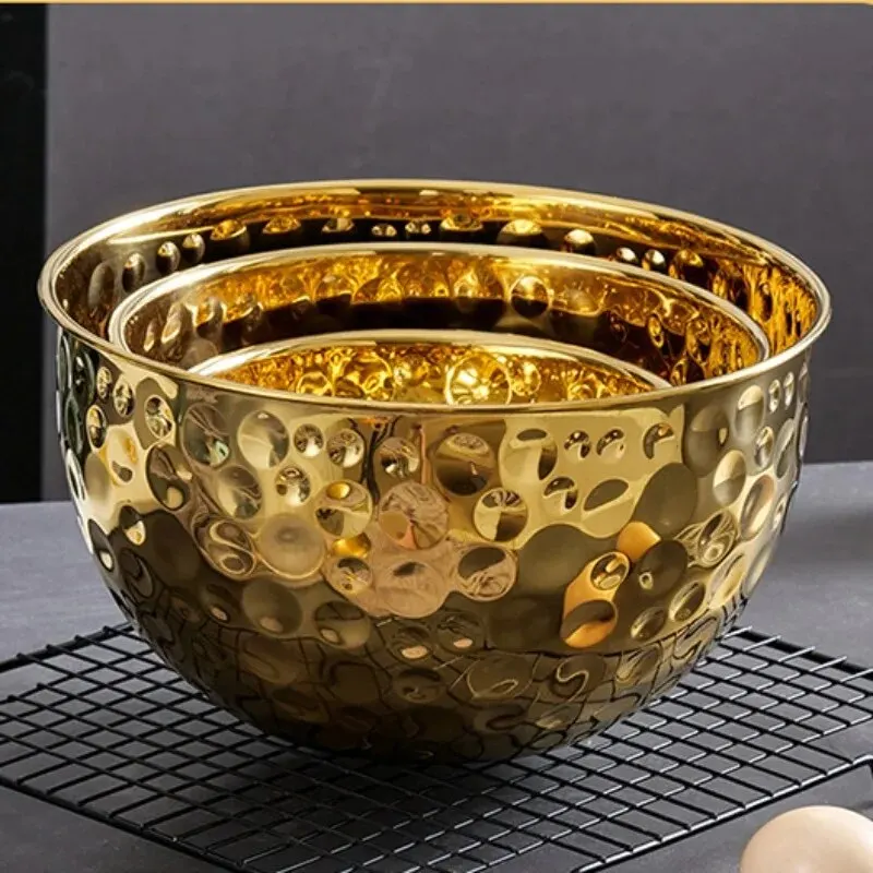 Gold Stainless Steel Hammer Point Fruit Bowl Salad Plate Egg Pot Thickened Baking Mixing Cooking Bowl Creative Decoration 1pcs
