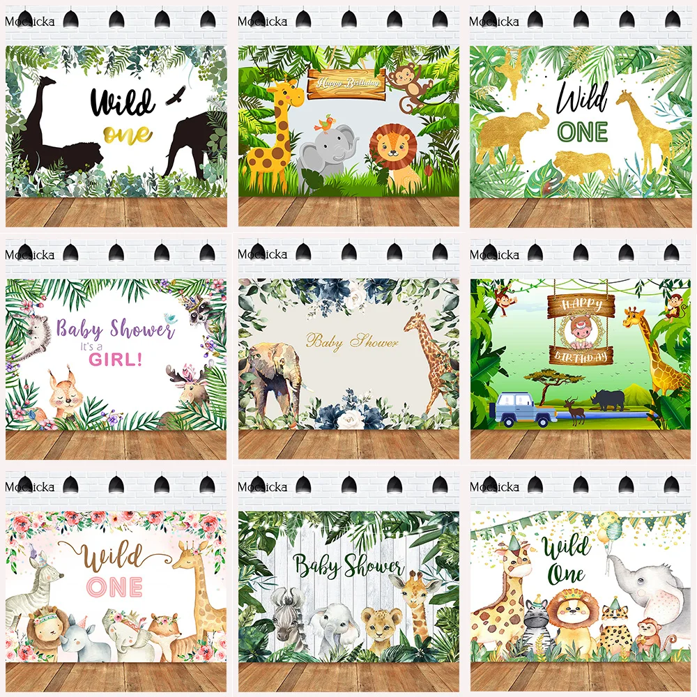 Mocsicka CUSTOM Rainforest Animals Wild One Backdrops Children Happy Birthday Party Photography Background Cake Table Banner