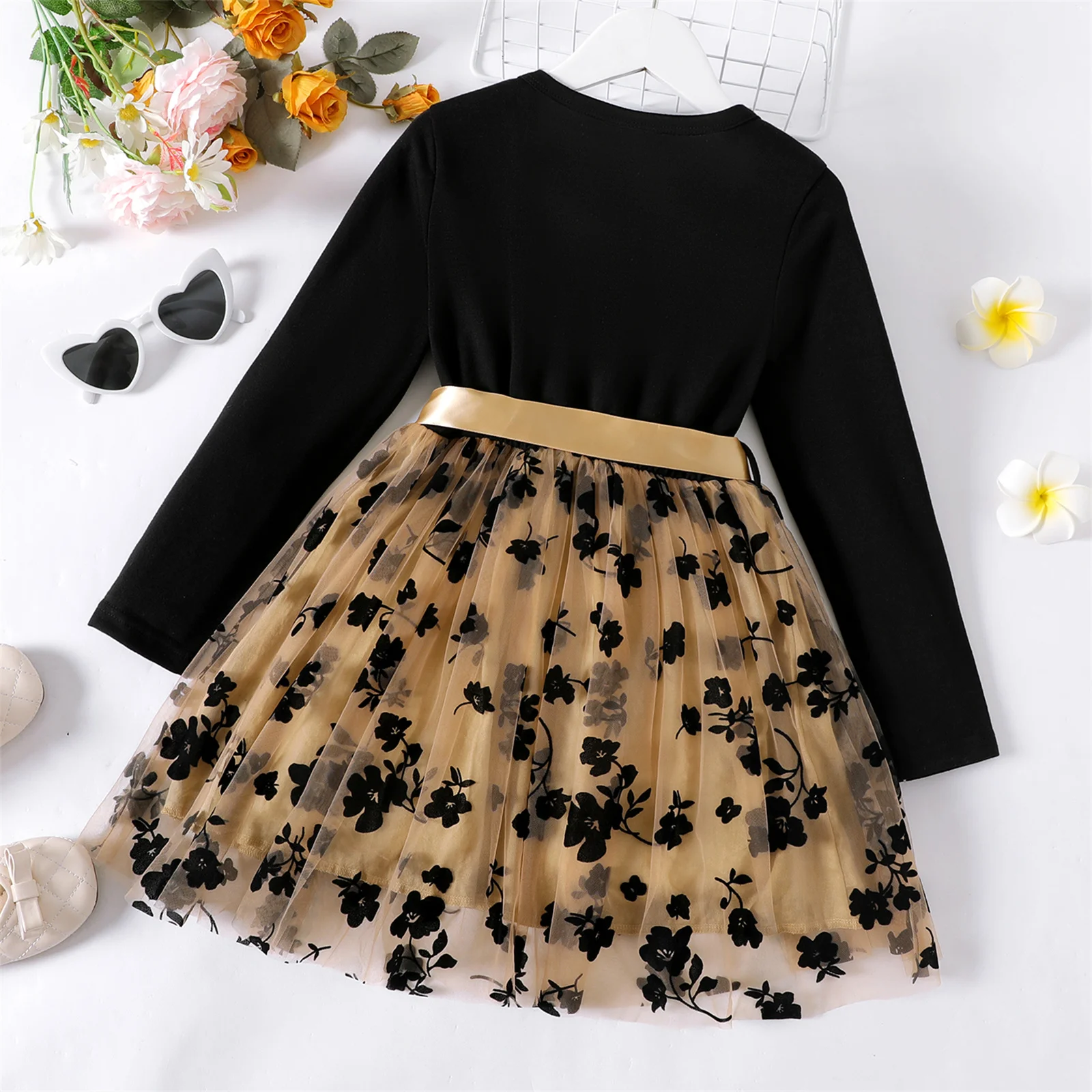 Girls Dress PatPat Kid Girl Dresses Floral Embroidered Belted Mesh Splice Long-sleeve Dress Kids Clothes