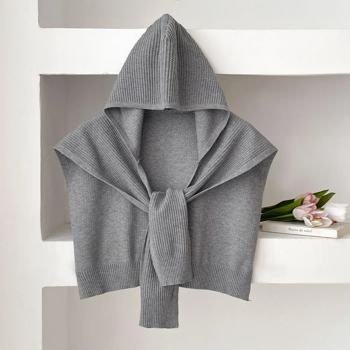 2025 Latest Solid Color Knitted Shawl Summer Air Conditioning Knit Hooded Hat Thin Knotted Cape Shoulder Scarf For Women