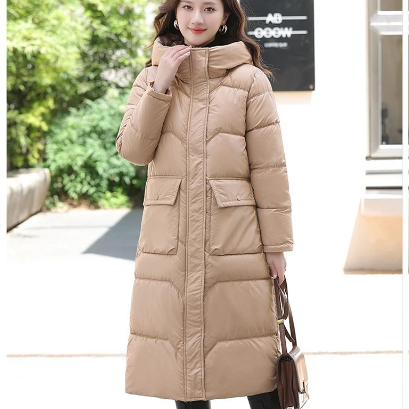 

2023 Winter Long Cotton-padded Jacket Women Thick Warm Parka Large Pockets Quilted Long Sleeves Bread Coat Casual Loose