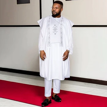 H&D Abiti africani per uomo Tradizione bianca Abbigliamento per festa di nozze Abito Camicia ricamata Pantaloni Set da 3 pezzi Dashiki Agbada Ramadan 1