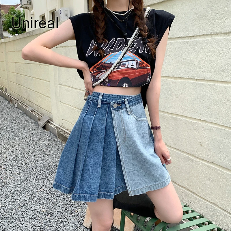 

Unireal 2022 Summer Women Pleated Denim Skirt High Waist Fashion Patchwork Sweet Mini Jeans Skirt For School Girls