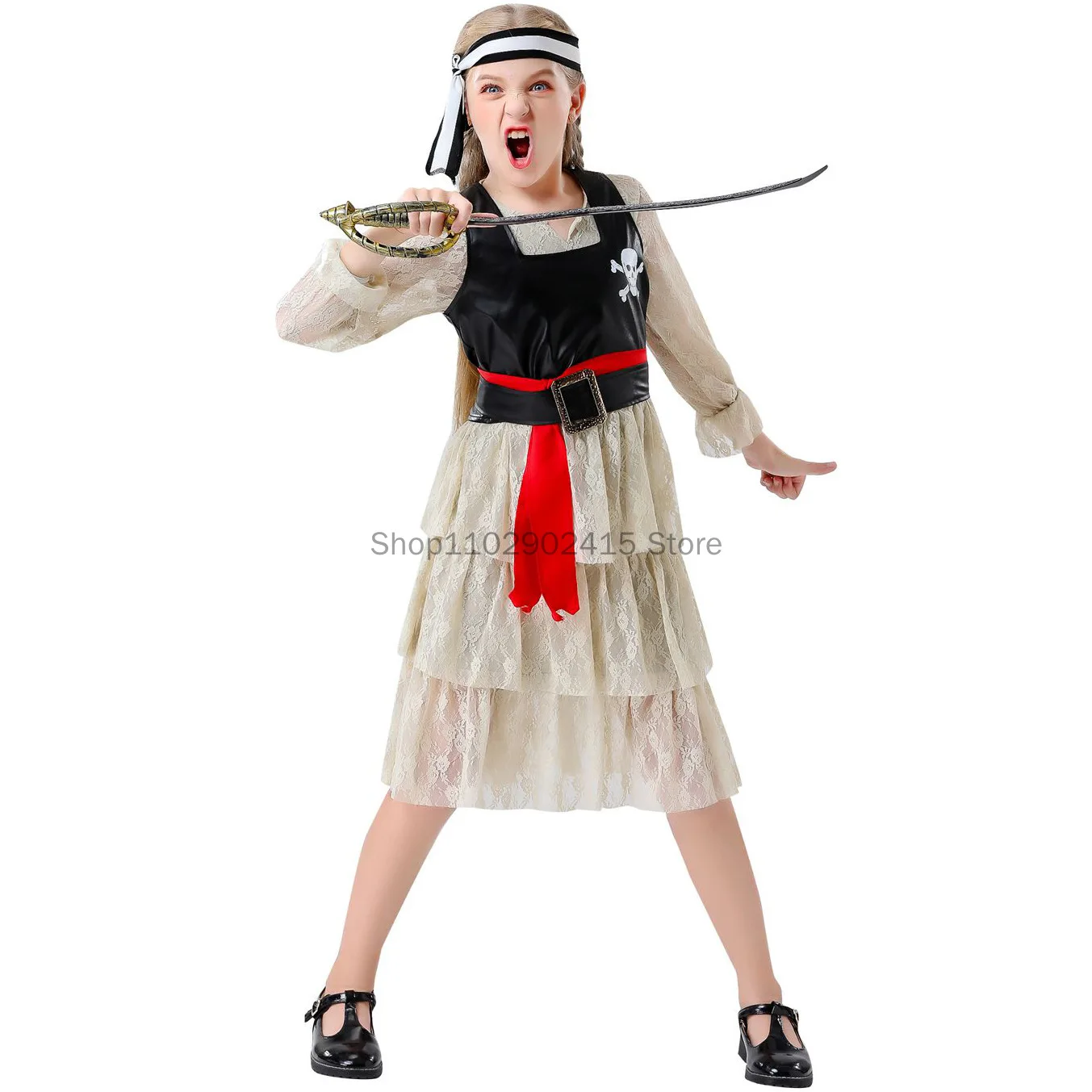 Medieval Kids Girls Cosplay Children Lace Pirate Skirts Costumes Halloween Carnival Dress Up Outfits Party Birthday Fancy Dress