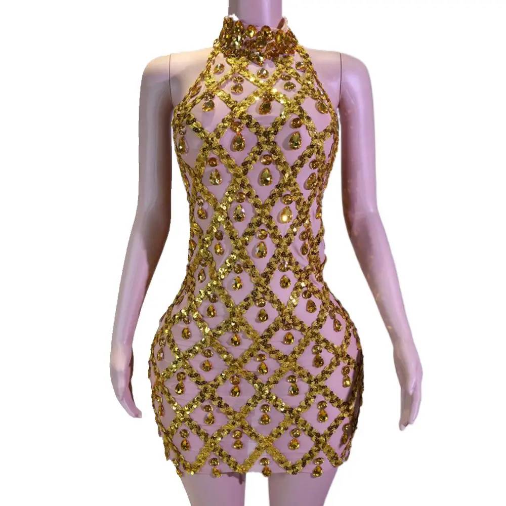 

Women Evening Prom Birthday Dress Sexy Transparent Rhinestones Sequins Summer Sleeveless Bodycon Short Dress Photo Shoot Wear