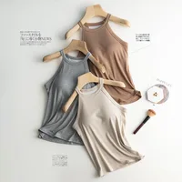 Basic Solid T shirts Women Slim Halter Neck Off-shoulder Camisole Tops Tees Summer Female Tanks Sleeveless With Chest Pad 5