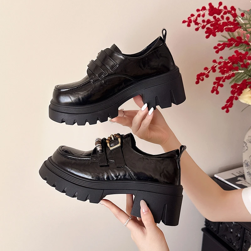 Aphixta 6cm Square Heel Women Flats String Bead Woman Loafers High Quality Leather Ladies Casual Shoes Round Toe Footwear