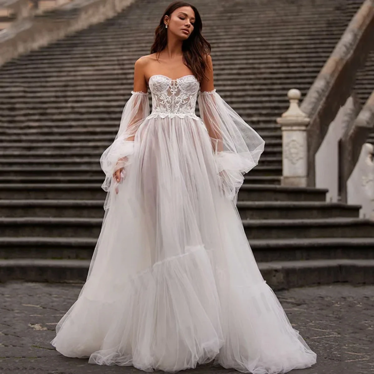 

HaohaoWedding Dresses Fairy Sweetheart Neck Sexy Dresses 3D Flowers Puff Sleeve Elegant Wedding Gowns suknia ślubna Bridal Gown